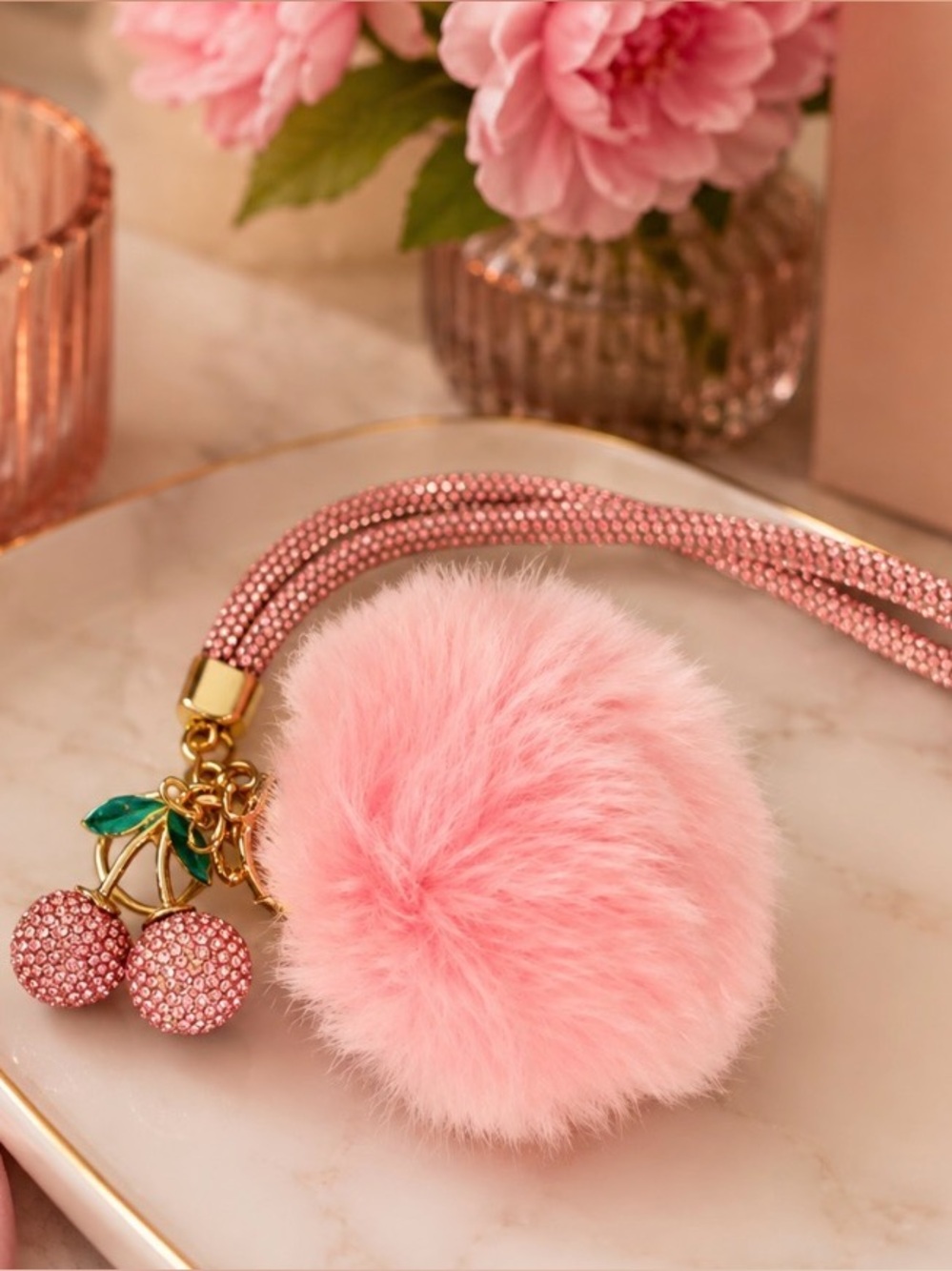 Pink Pom Pom Keychain with Crystal Cherry Charm